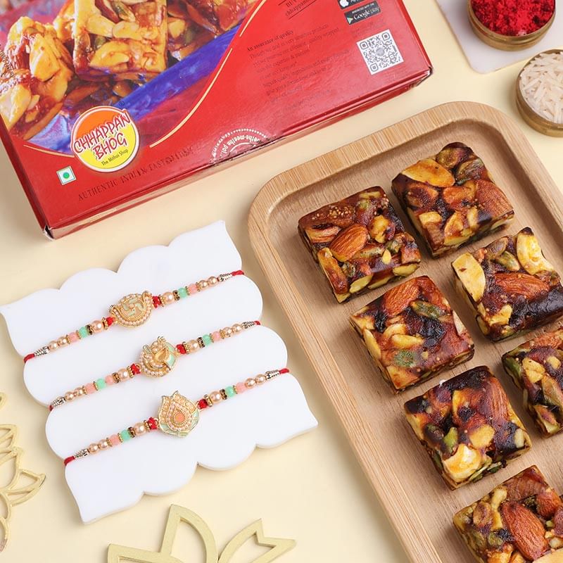 Set Of Three Traditional Rakhis With Nutty Sweets